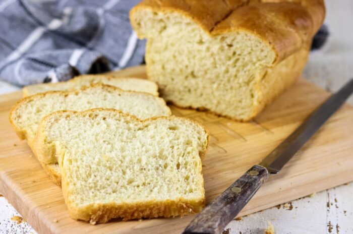slices of batter bread made with gluten showing the inside texture.