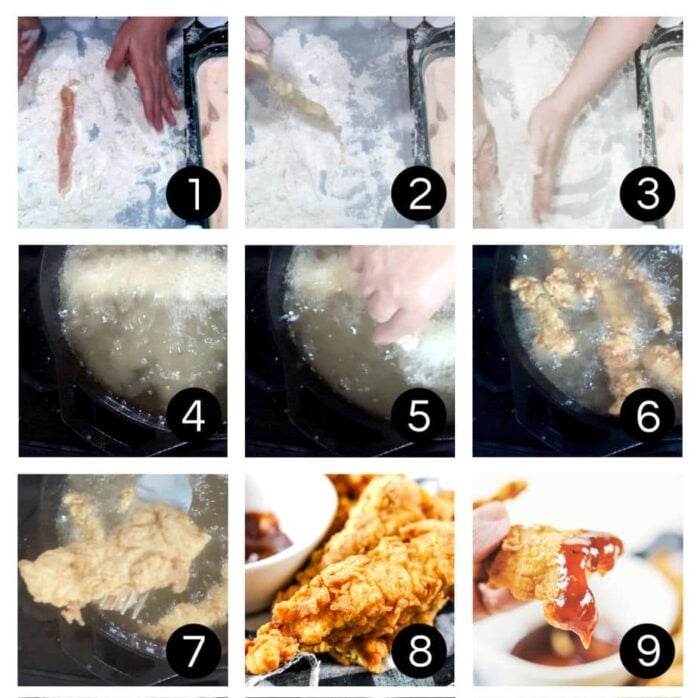 Step by step images of breading and frying.