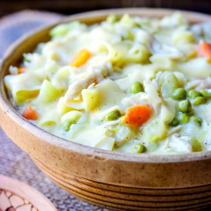 Closeup of casserole recipe showing ingredients.