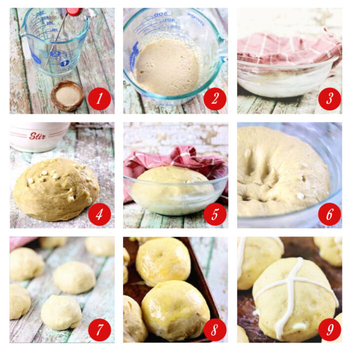 Step by step images showing how to make hot cross buns.