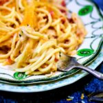 Closeup of chicken spaghetti recipe on a plate