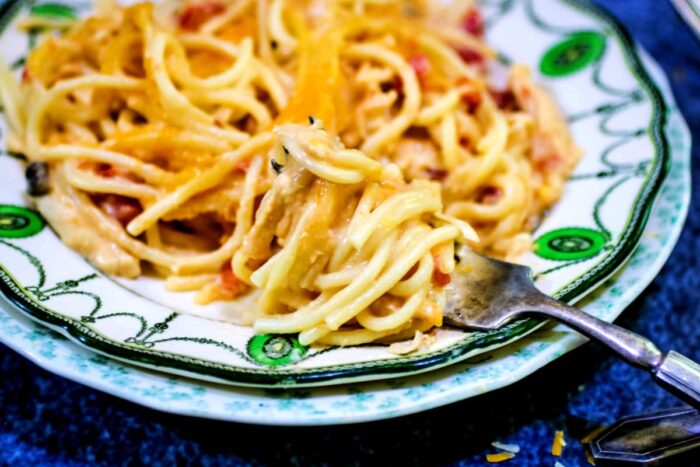 A serving of chicken spaghetti on a plate.