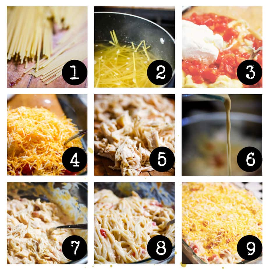 Step by step images for chicken spaghetti.