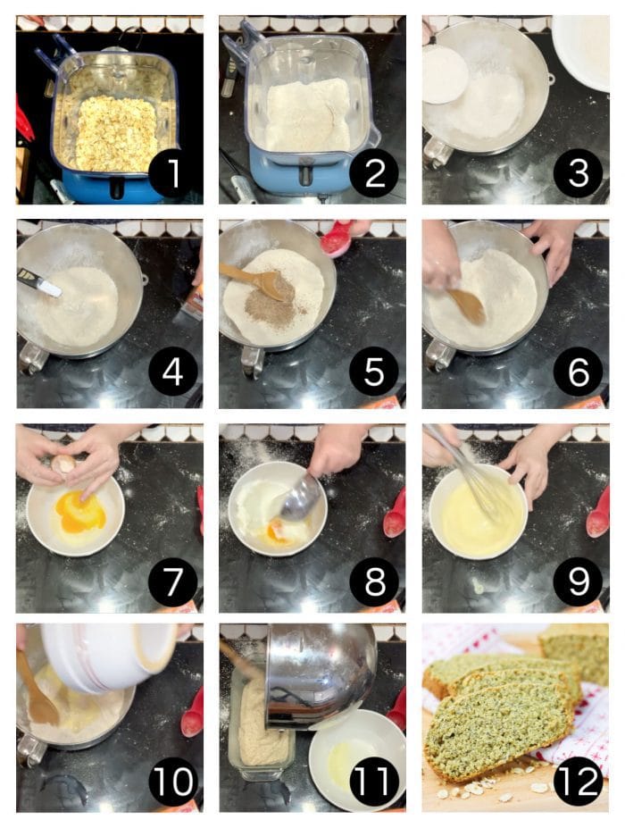 Step by step images of how to make oatmeal batter bread.