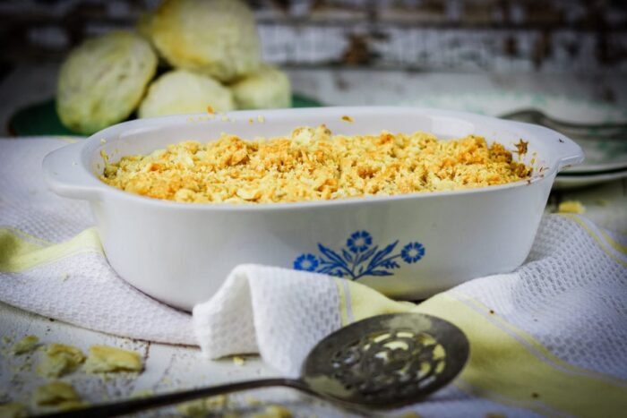 Finished casserole in a casserole dish.