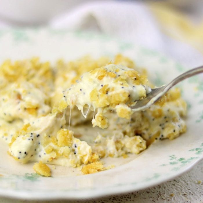 A forkful of chicken casserole.