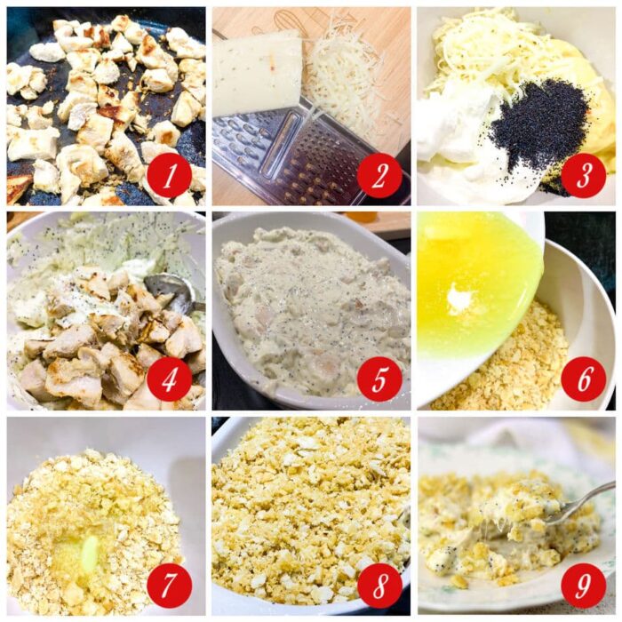 Step by step images showing how to make poppy seed chicken.