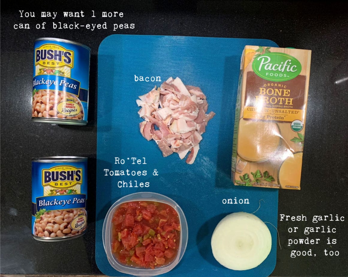 A picture of the ingredients for black eyed pea soup with labels.