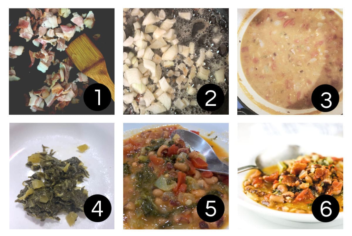 Collage of step by step images showing how to make black eyed pea soup.