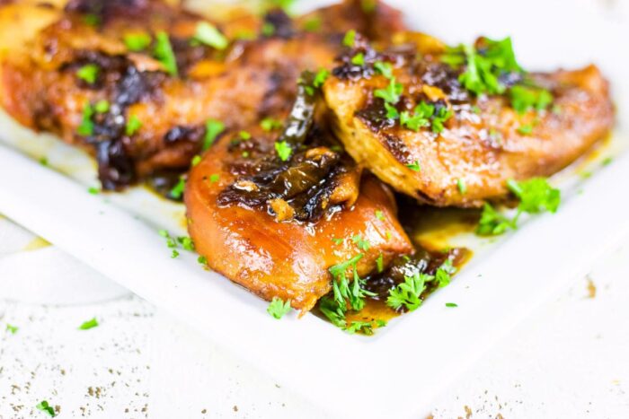 Closeup of brown sugar garlic chicken breasts.