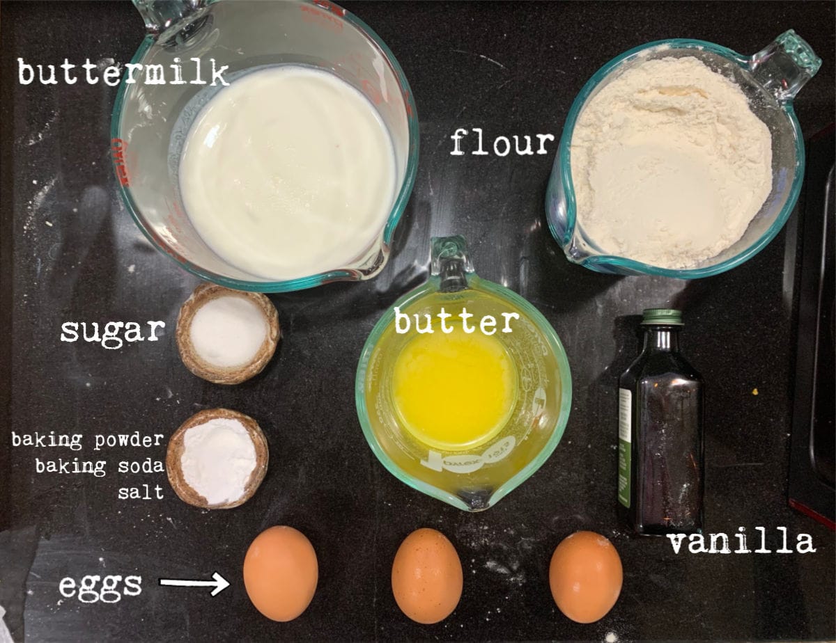 Ingredients for buttermilk waffles with labels.