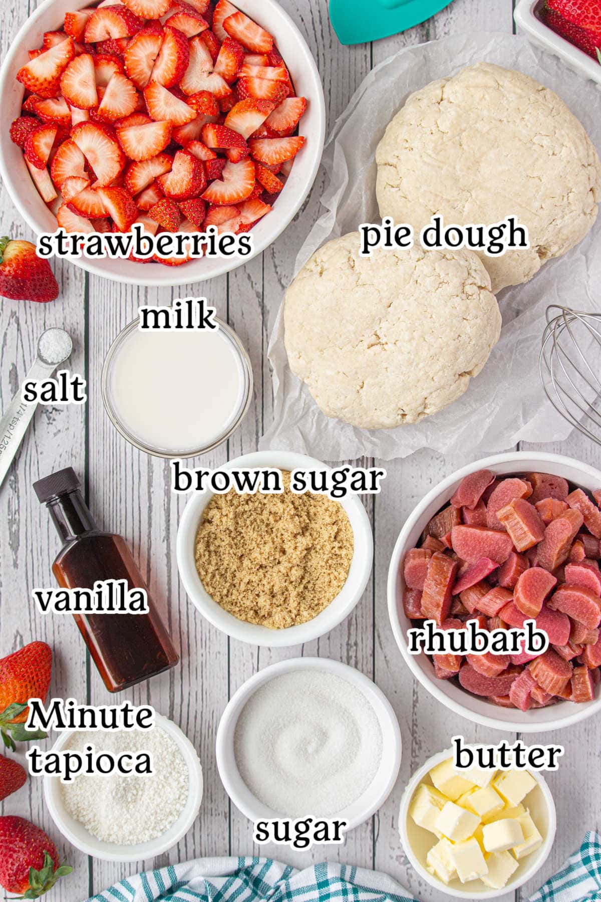 Labeled ingredients for strawberry rhubarb pie.