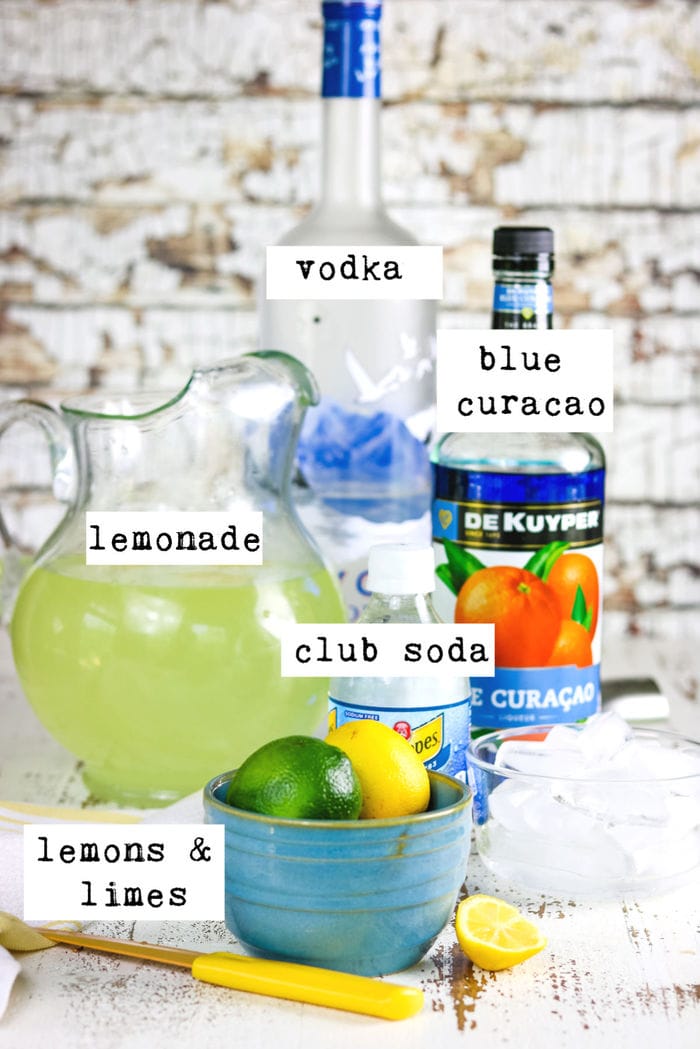 Labeled ingredients for electric lemonade cocktail.
