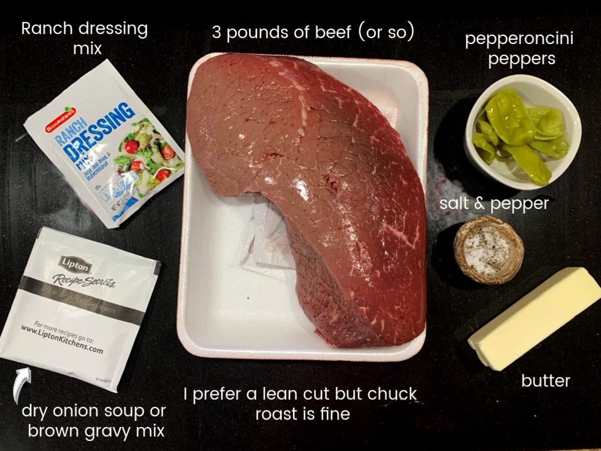 Labeled ingredients for Mississippi Pot Roast.