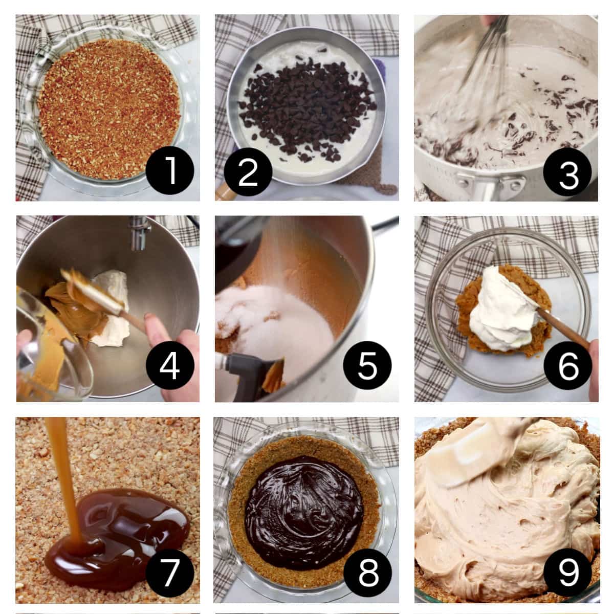 Step by step images showing how to make this chocolate peanut butter pie.
