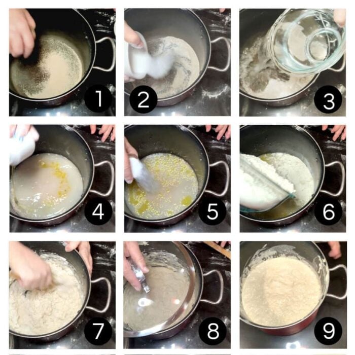 Step by step images for making pizza dough.