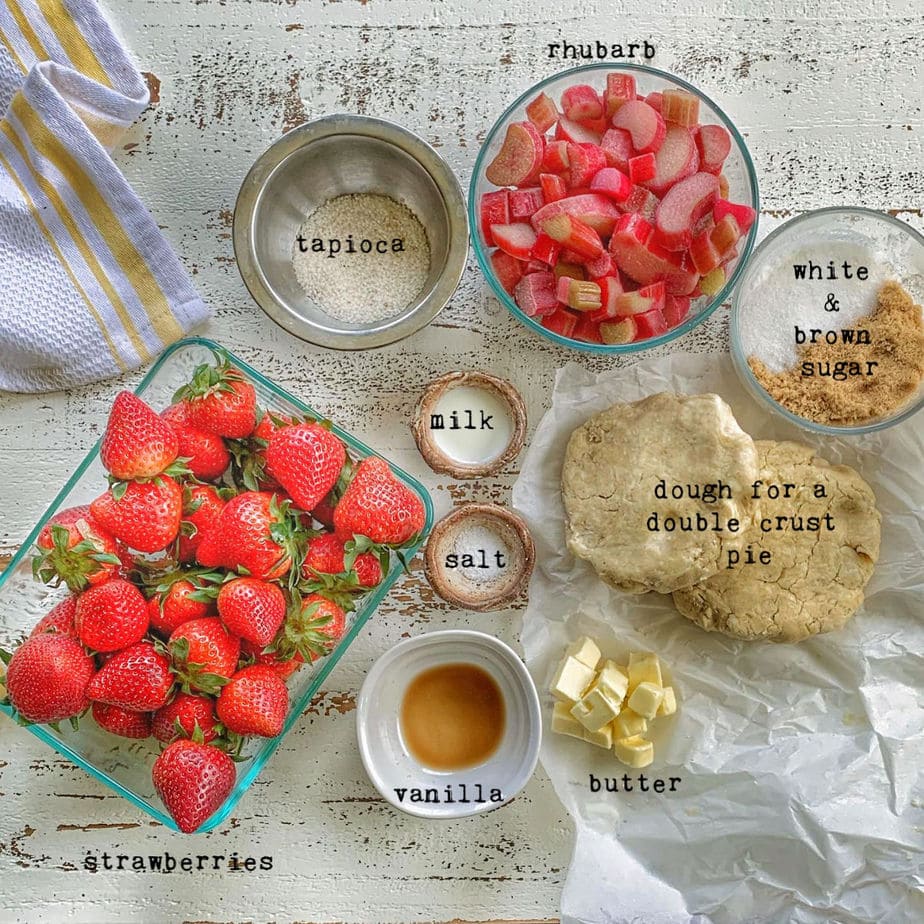 Labeled ingredients for strawberry rhubarb pie.