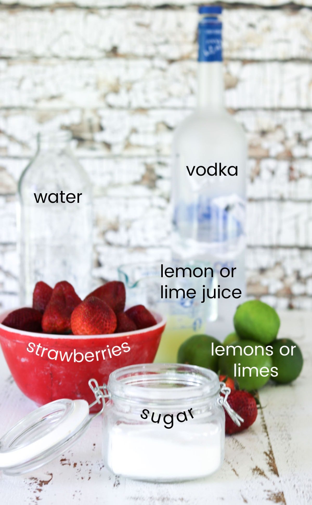 Ingredients for strawberry vodka lemonade.