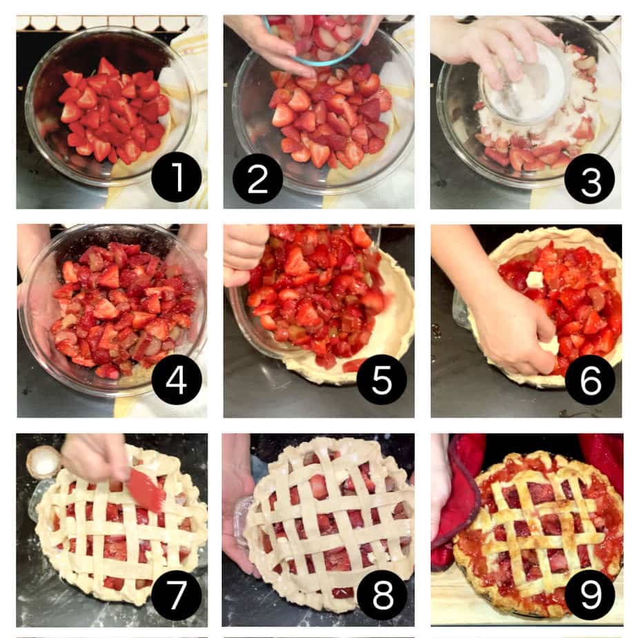 Step by step images for making strawberry rhubarb pie.