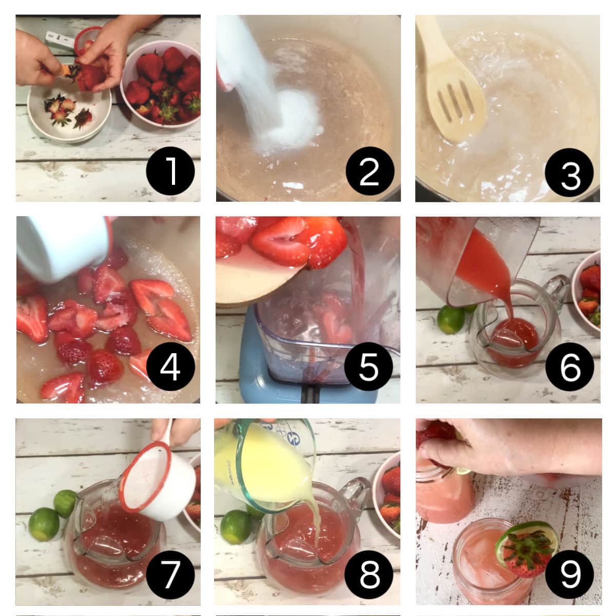 Step by step images for making strawberry vodka lemonade.