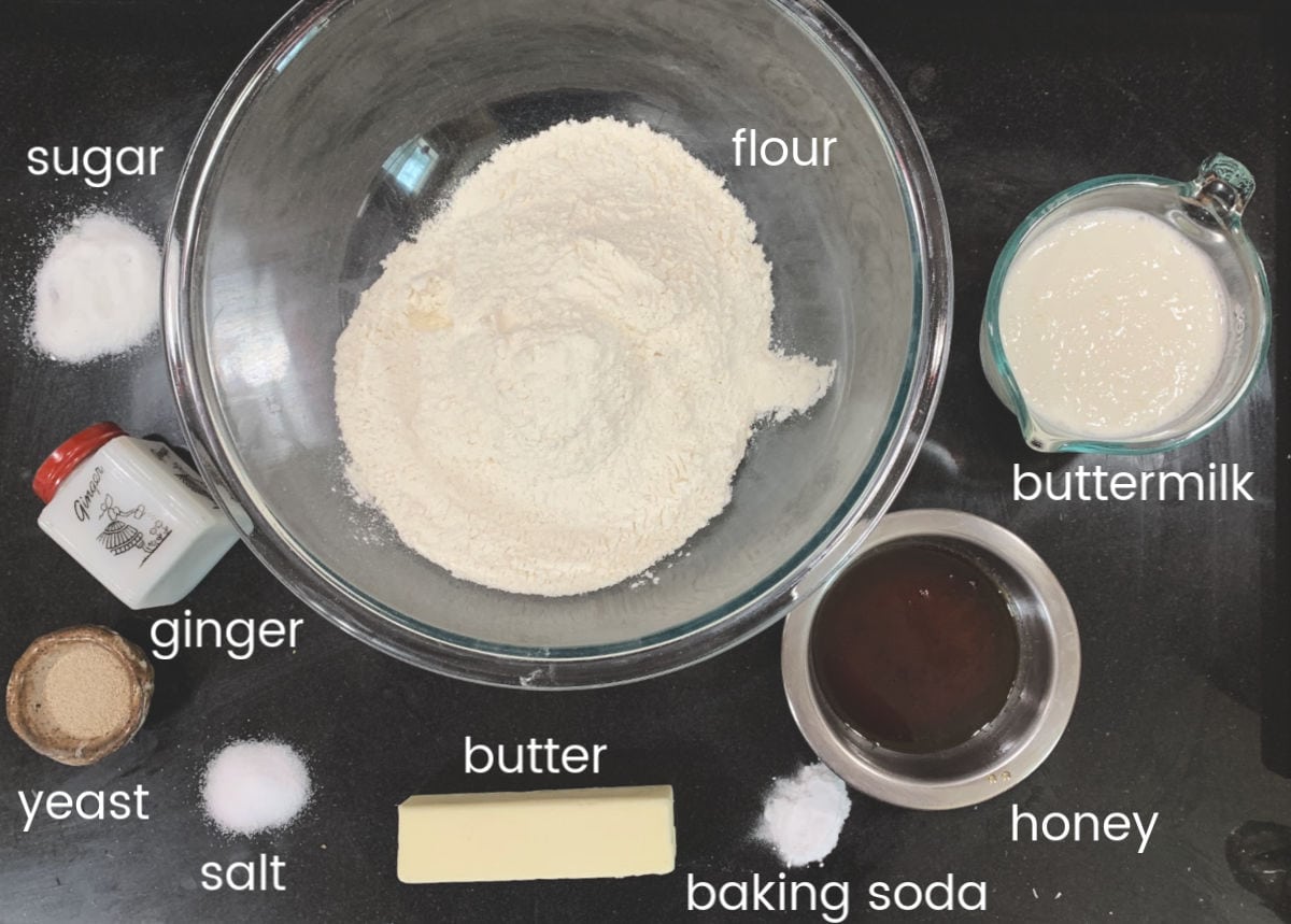 Buttermilk bread ingredients with labels.