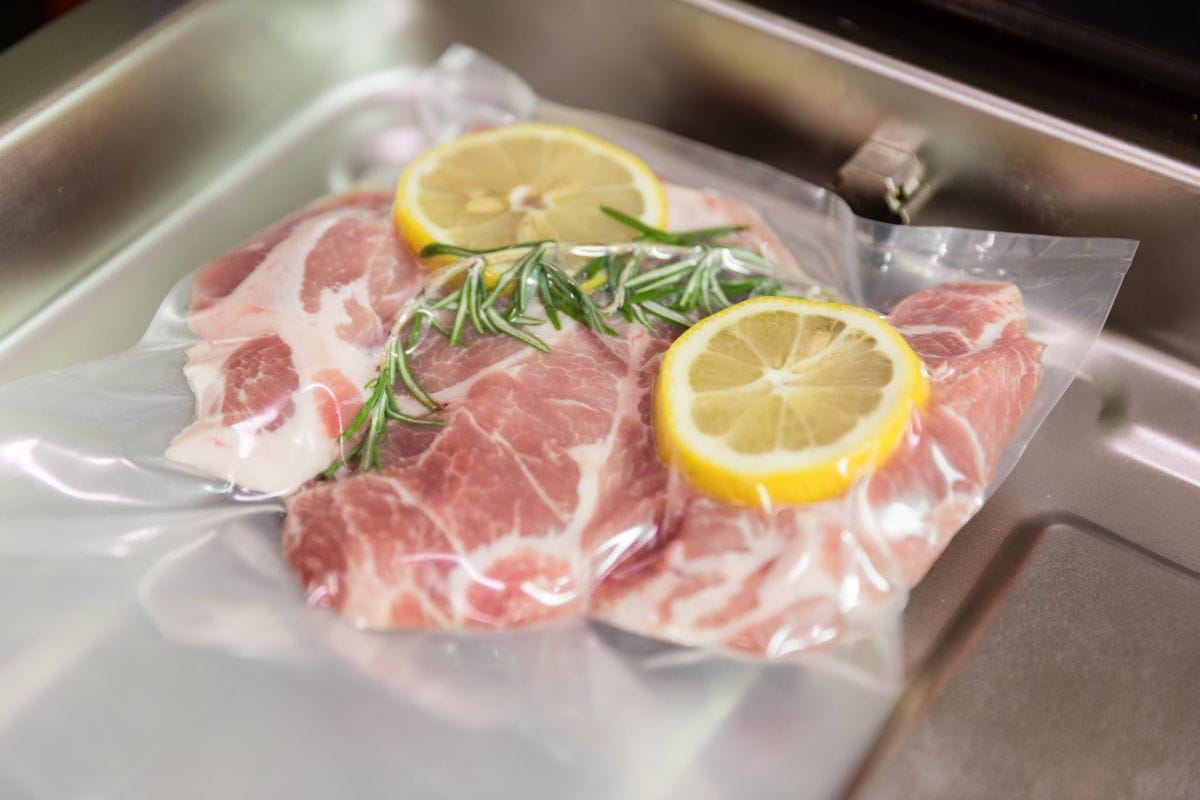 Vacuum sealed ingredients for a one pan dinner.