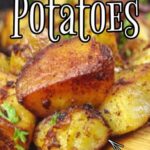 Fried potatoes in a skillet with text overlay for Pinterest