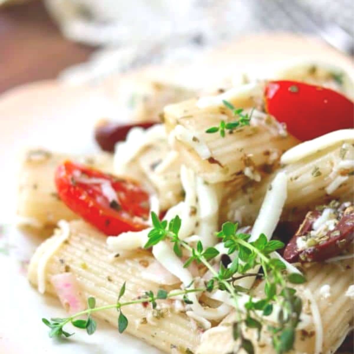 Pasta salad on a plate.