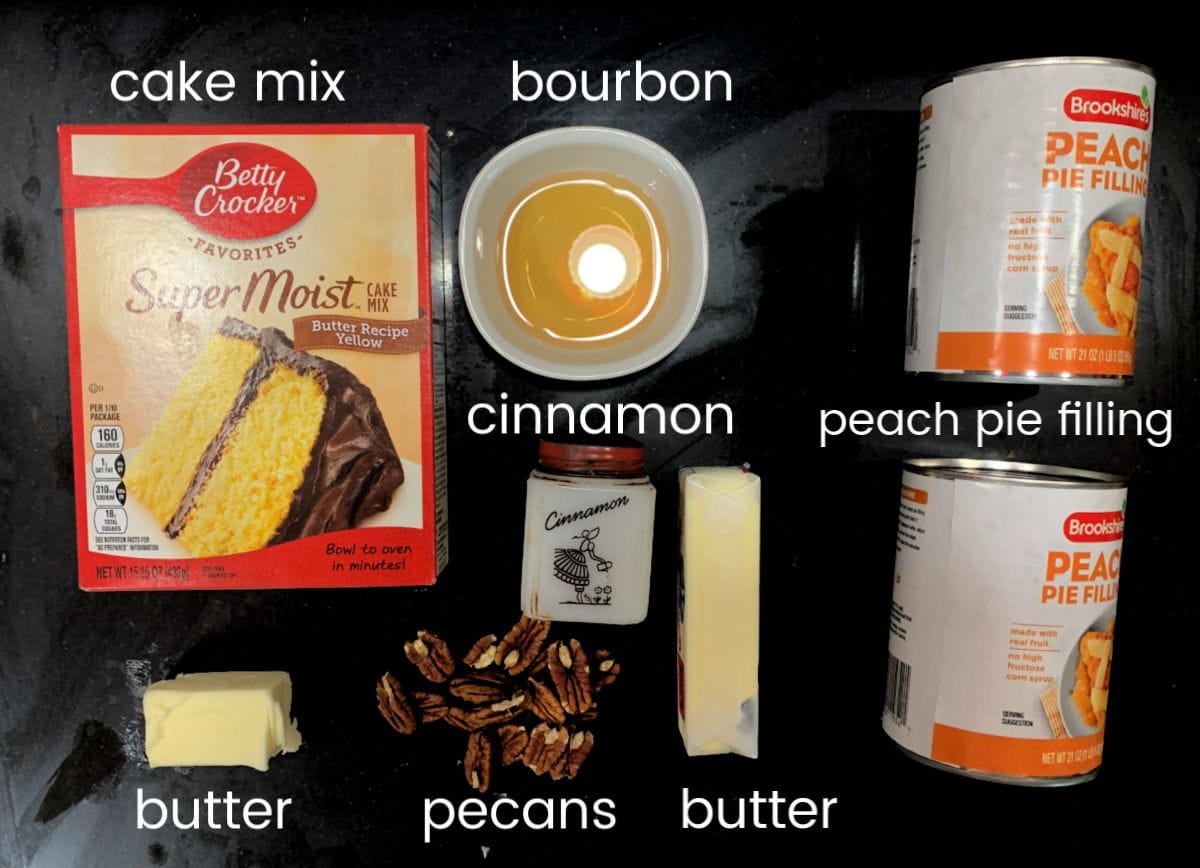 Labeled ingredients for peach dump cake.