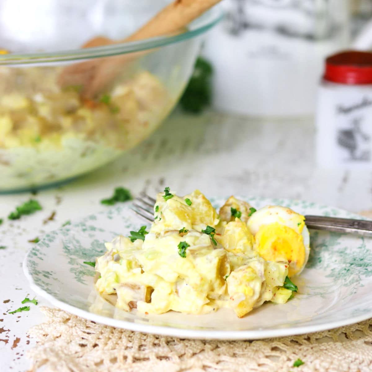 Potato salad on a serving plate.