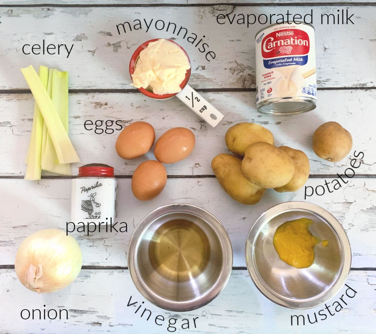 Labeled ingredients for potato salad.