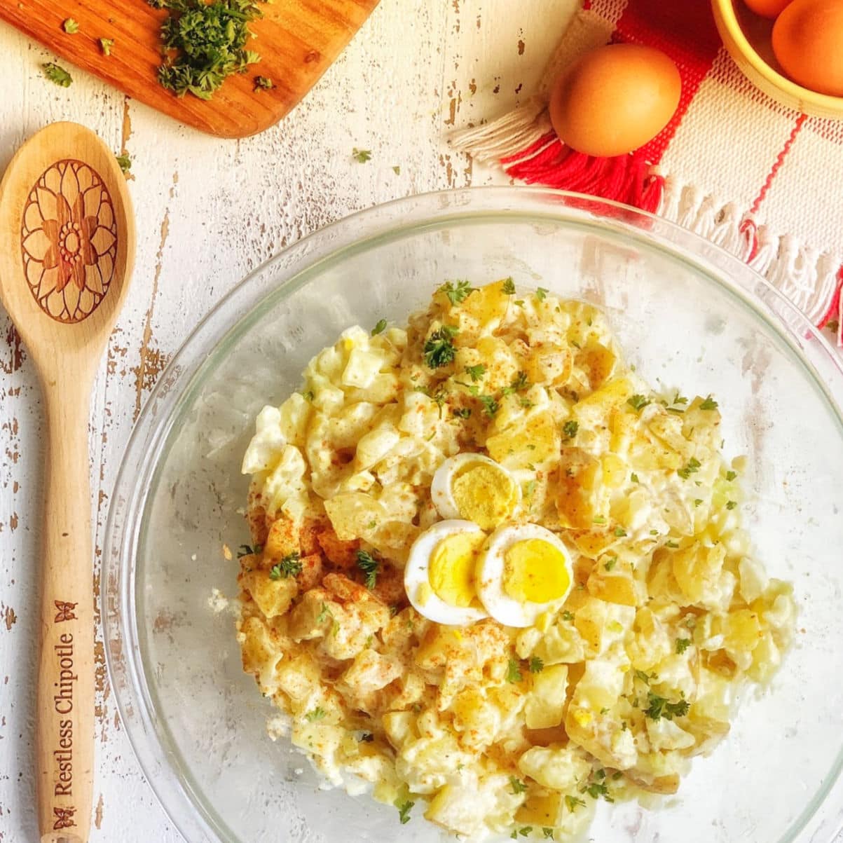 Overhead shot of a bowl of potato salad.