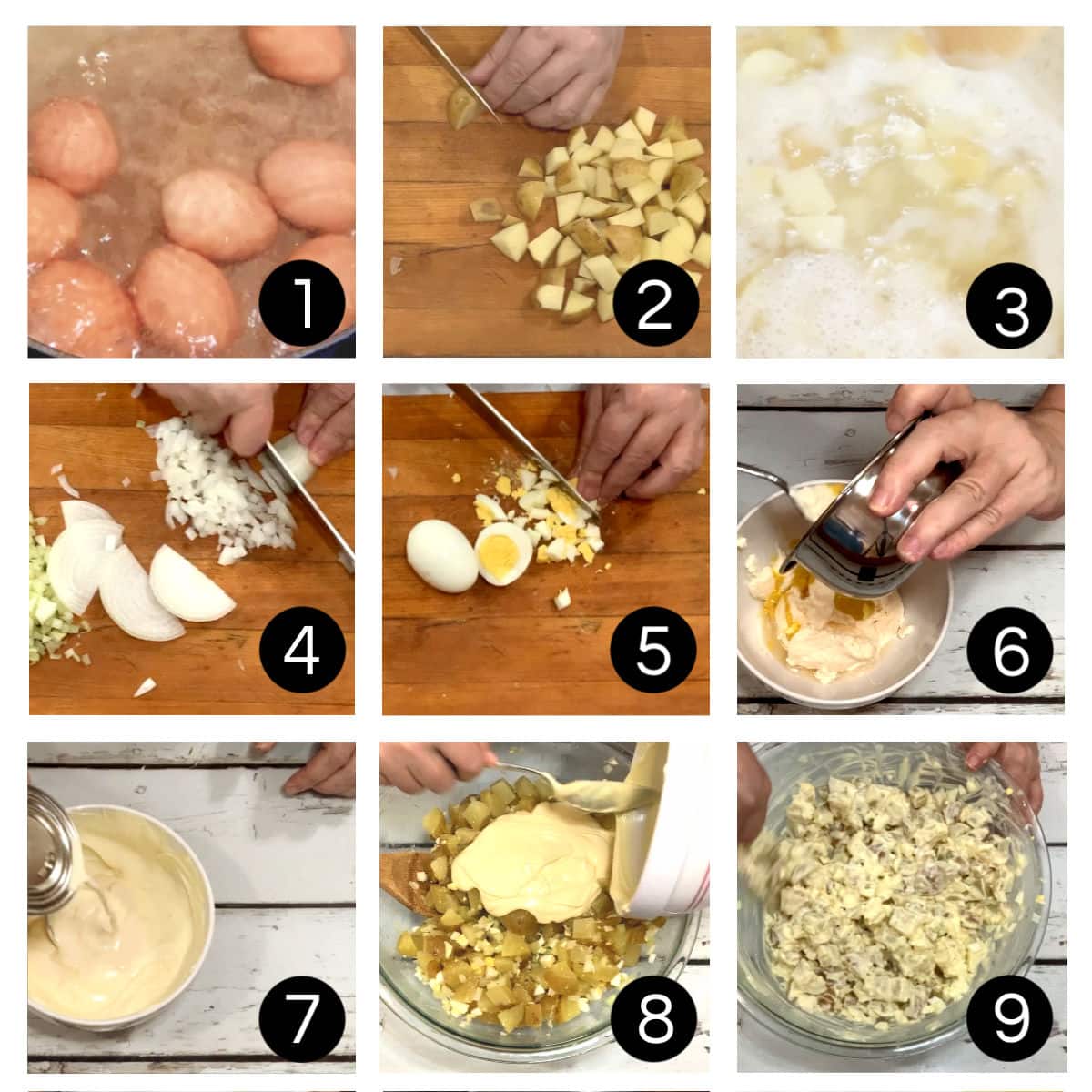 Step by step images for making potato salad.