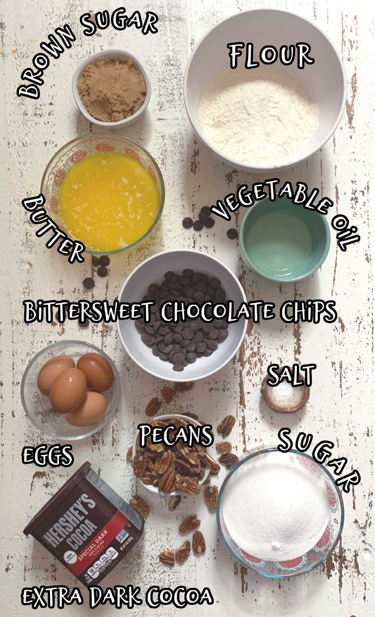 Labeled ingredients for dark chocolate brownies.