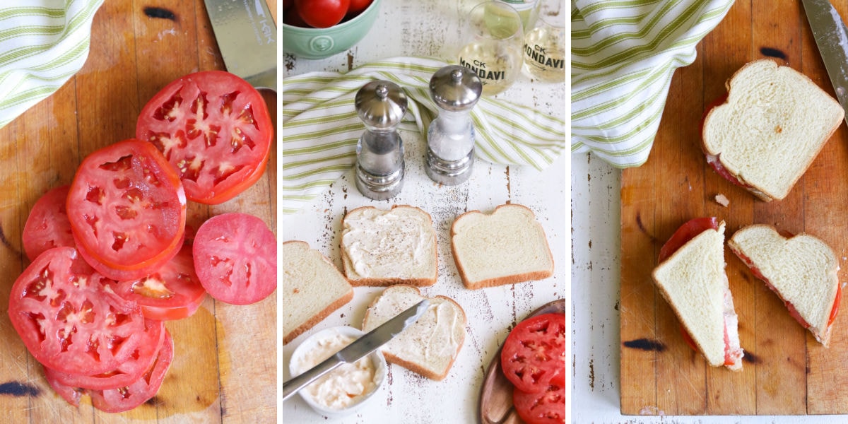 Collage of images showing the steps of making a tomato sandwich.