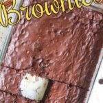 Pan of brownies with one missing. Text overlay for Pinterest.