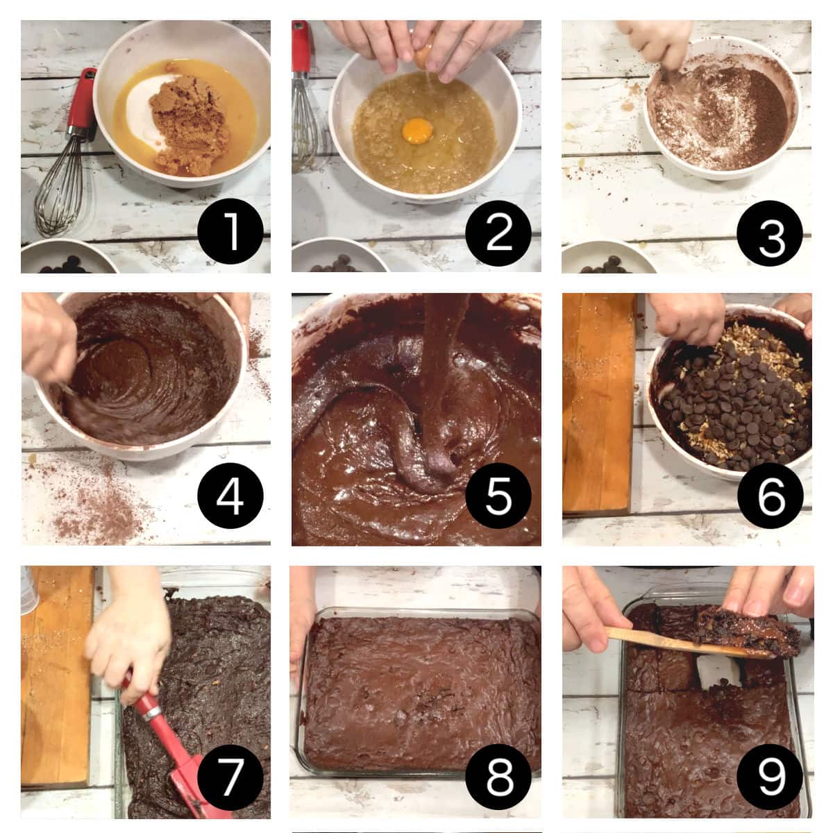 Step by step images for making brownies.