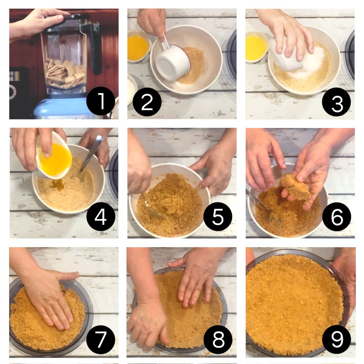 Step by step images for making a crumb crust.