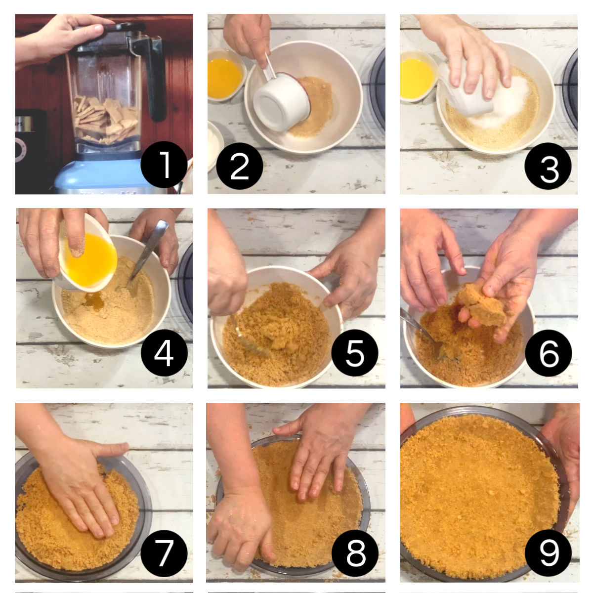 Step by step images for making a crumb crust.