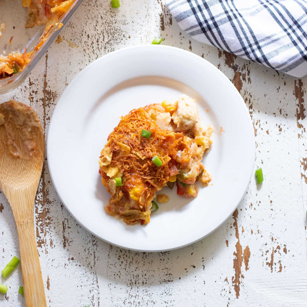 Closeup of Monterey Chicken Casserole on a white plate.