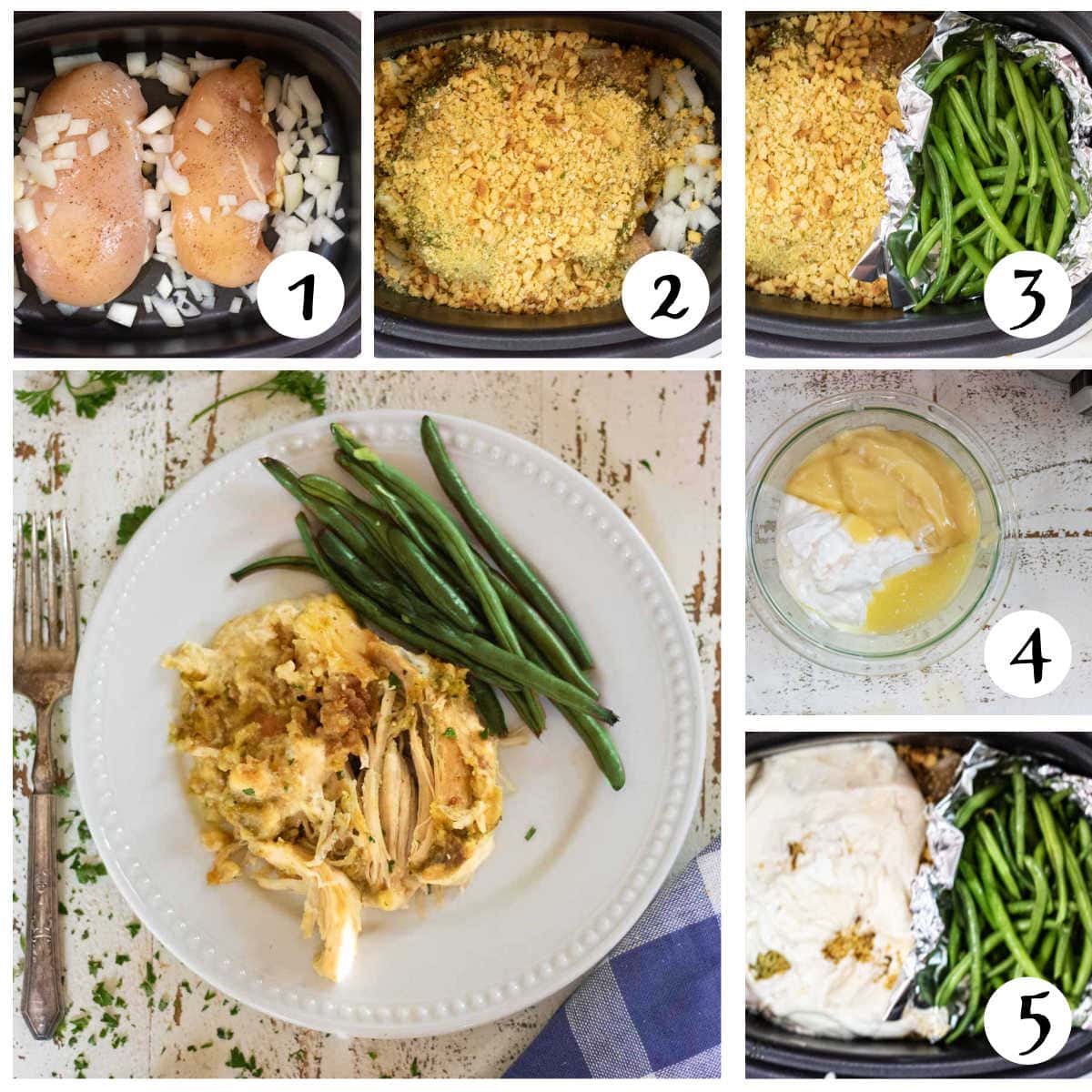 Step by step images for making slow cooker chicken and stuffing.