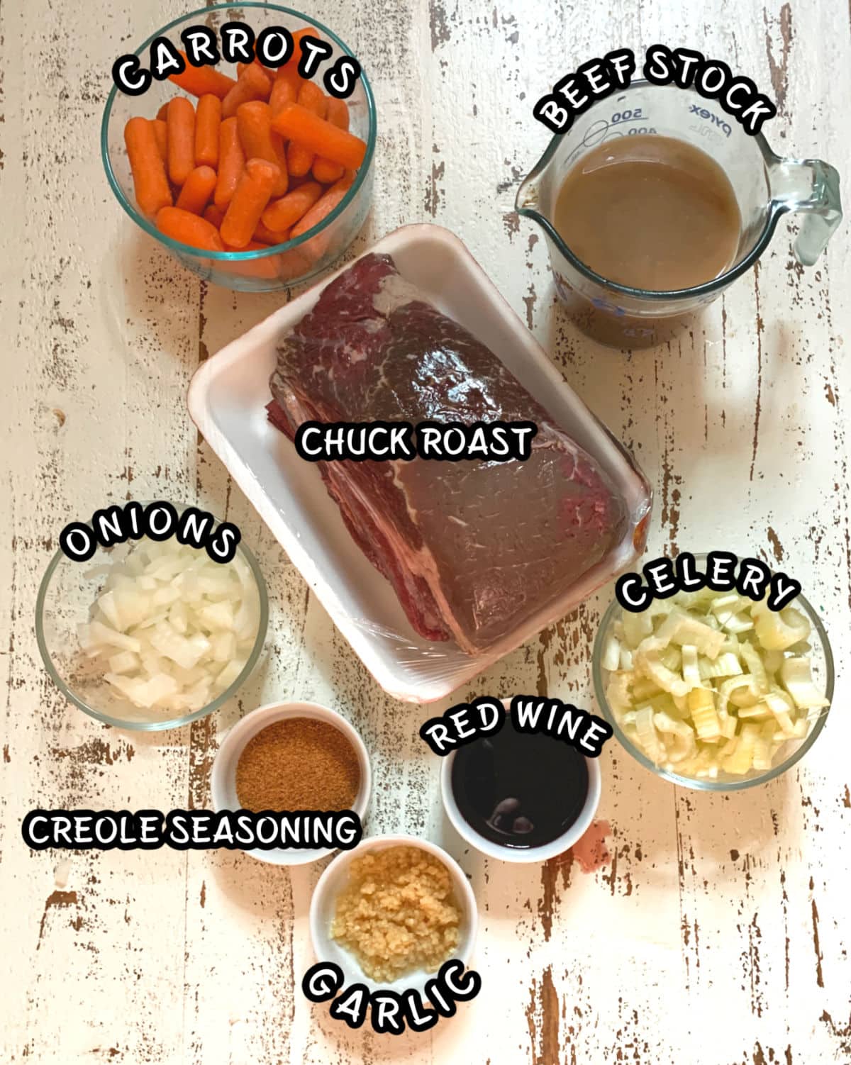 Labeled ingredients for slow cooker pot roast.