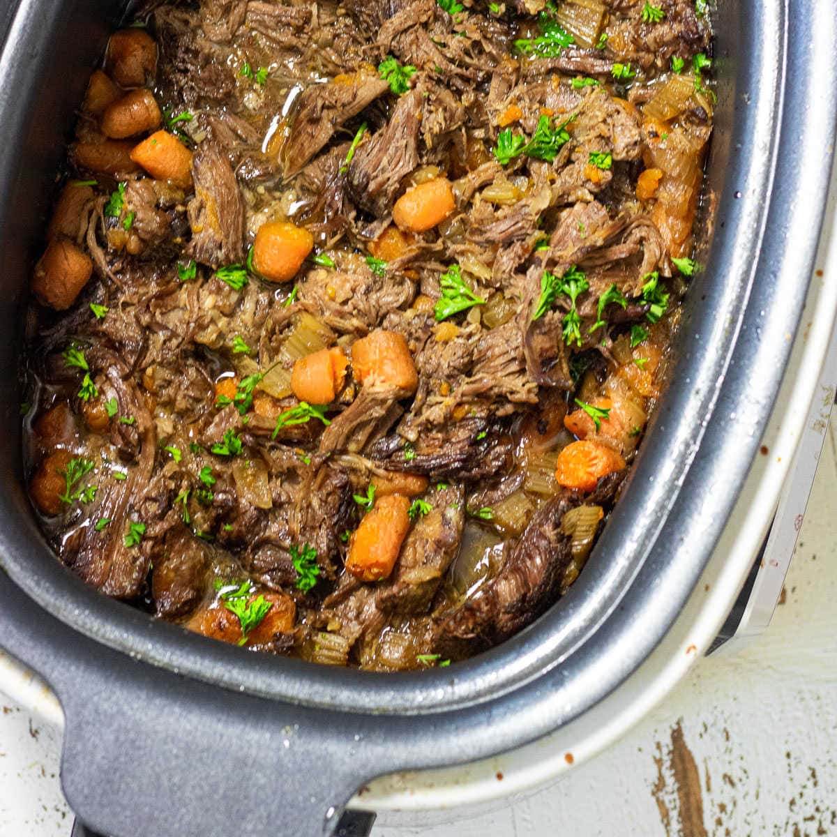 Close up of Cajun Pot Roast in the multi-cooker.