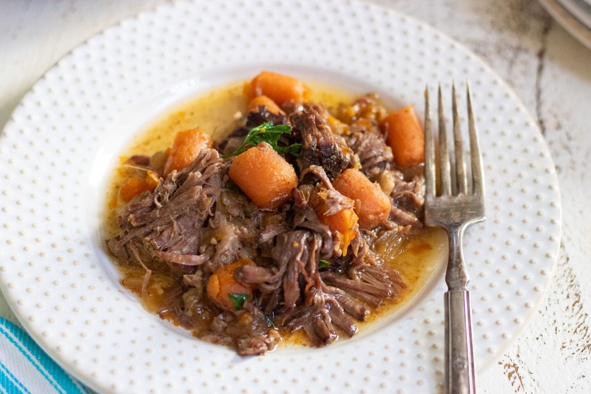 Closeup of the finished recipe on a white plate.