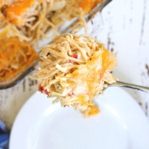 Serving of chicken spaghetti being placed on a plate.