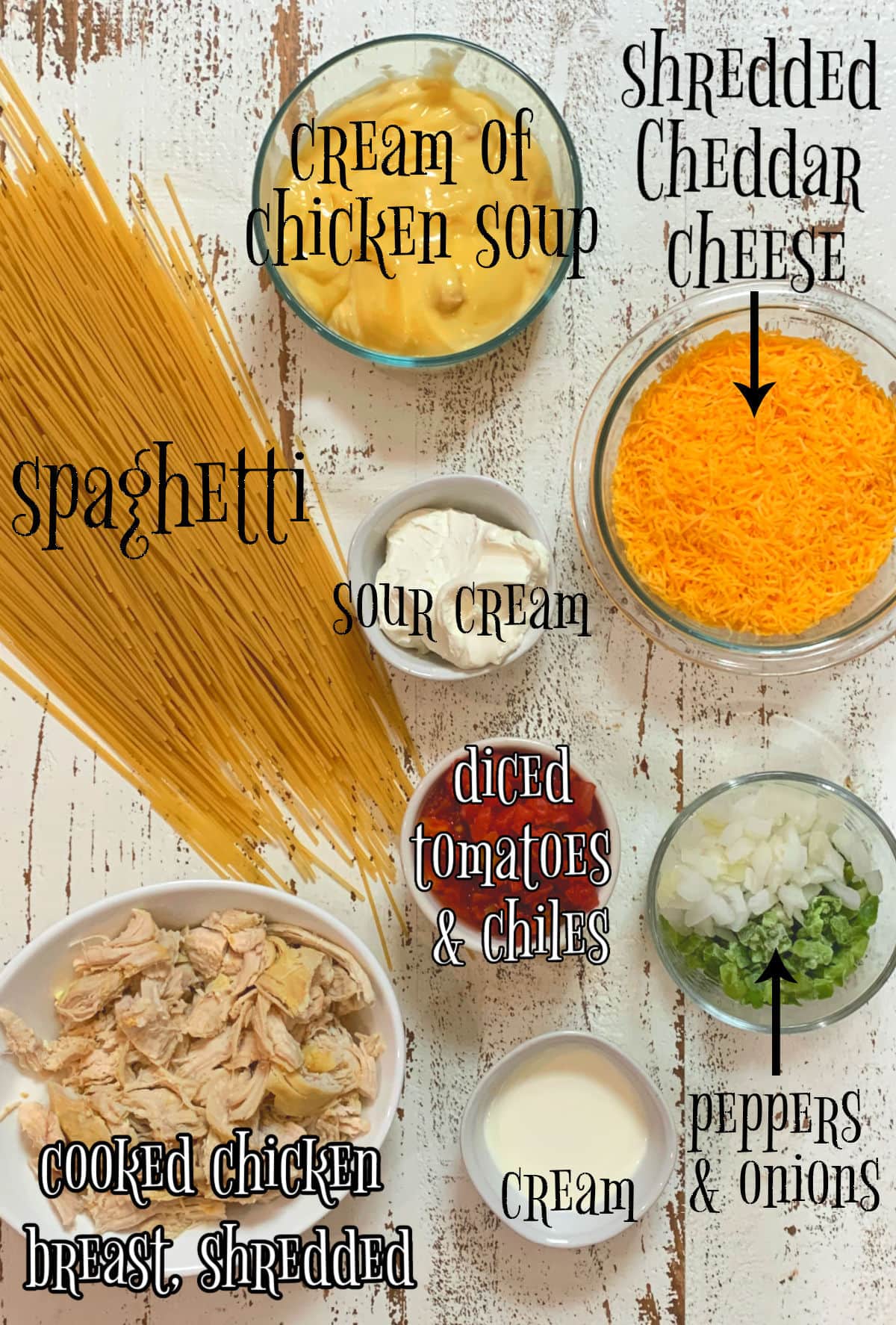 Labeled ingredients for chicken spaghetti.