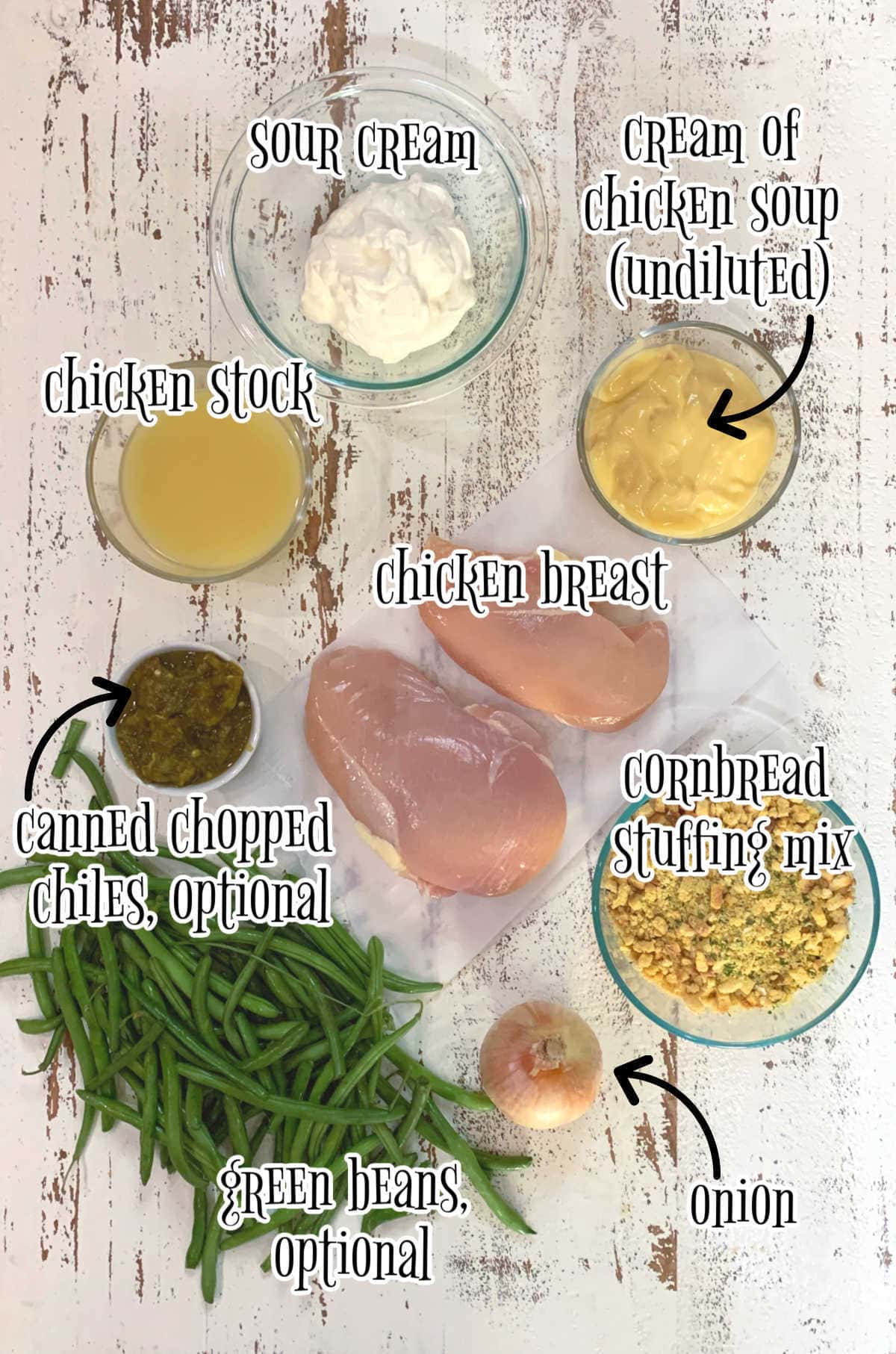 Labeled ingredients for this chicken and stuffing casserole recipe.