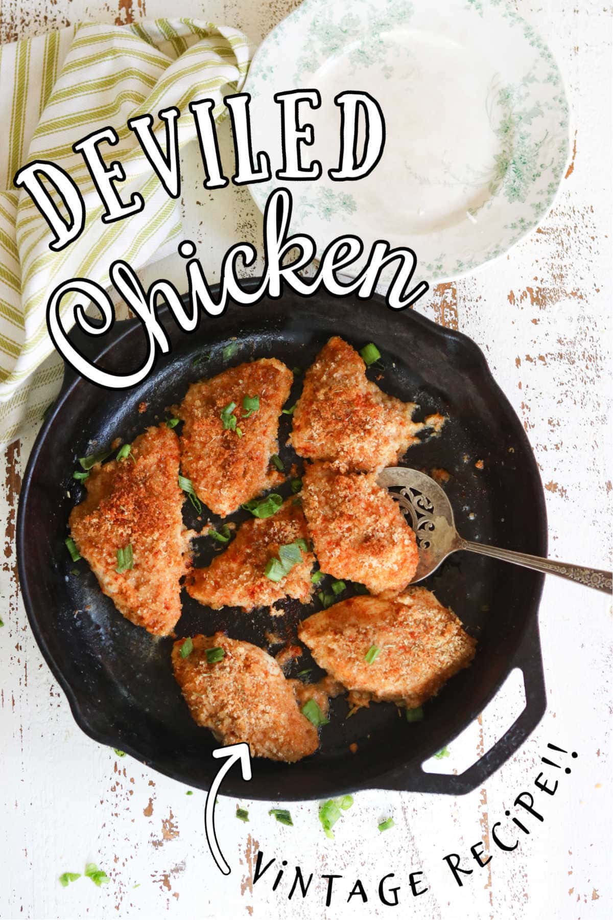 Finished recipe in an iron skillet. Text overlay for Pinterest.