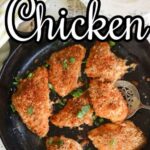 Deviled Chicken in a pan with title text for Pinterest.