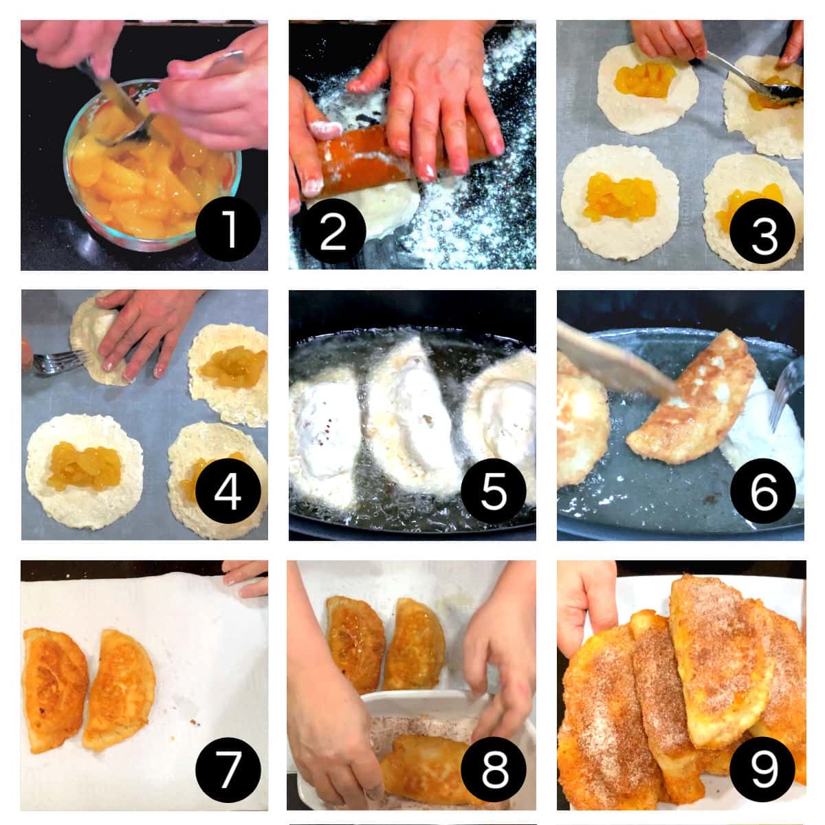 Step by step images showing how to make southern fried pies.